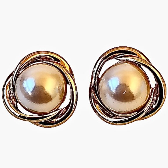 Richelieu LOVE KNOT CLIP Earrrings Vintage 80's Gold-tone Large Pearl - Picture 4 of 9